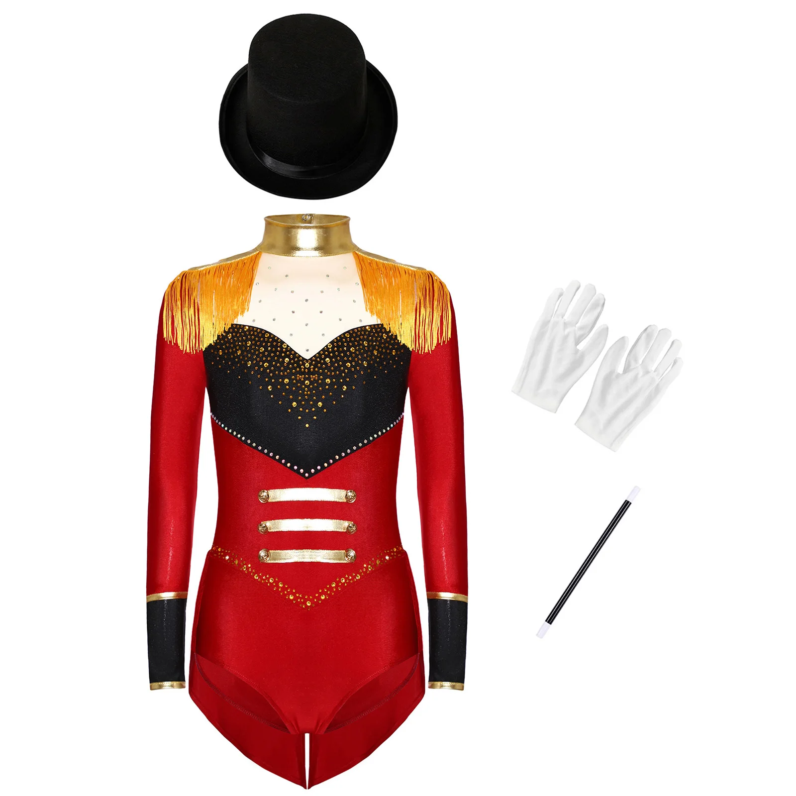 Kids Girl Circus Ringmaster Lion Tamer Cosplay Costumes Magician Marching Band Drummer Uniform Shiny Sequins Puffy Leotard Dress