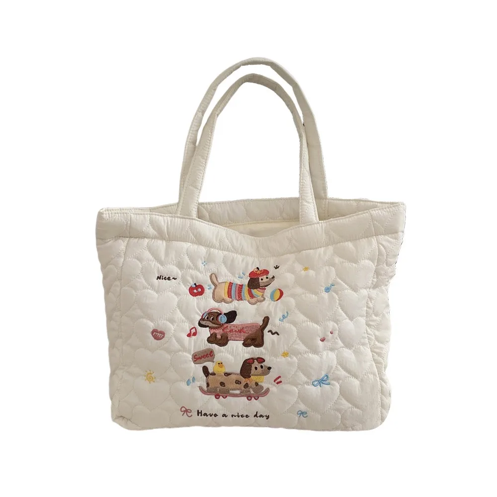 Cute Kitten Puppy Embroidered Handbag Cartoon Large Capacity Quilted Shopping Bags Korean INS Shoulder Bag for Lady Girl Women