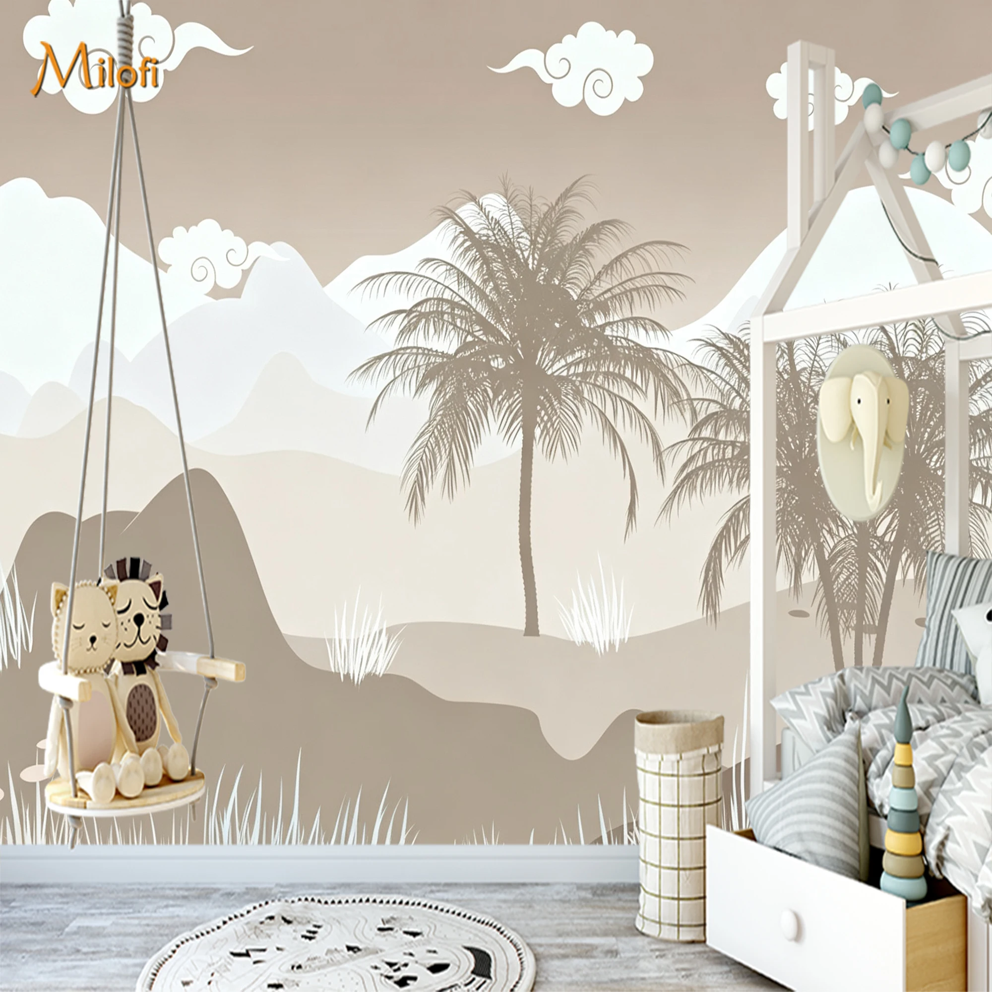 Custom Boho Mountain Palm Tree Mural Wallpaper Beige Cloud Landscape Wall Paper for Kids Bedroom Living Room Home Wall Decor
