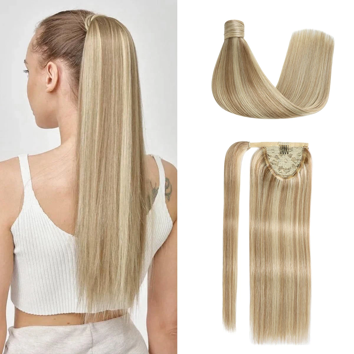 

Натуральные волосы Remy: прямые накладные хвосты-шиньоны из 100% натуральных человеческих волос, смешанные оттенки блонда, с волшебной заколкой-фиксатором Magic Wrap Around