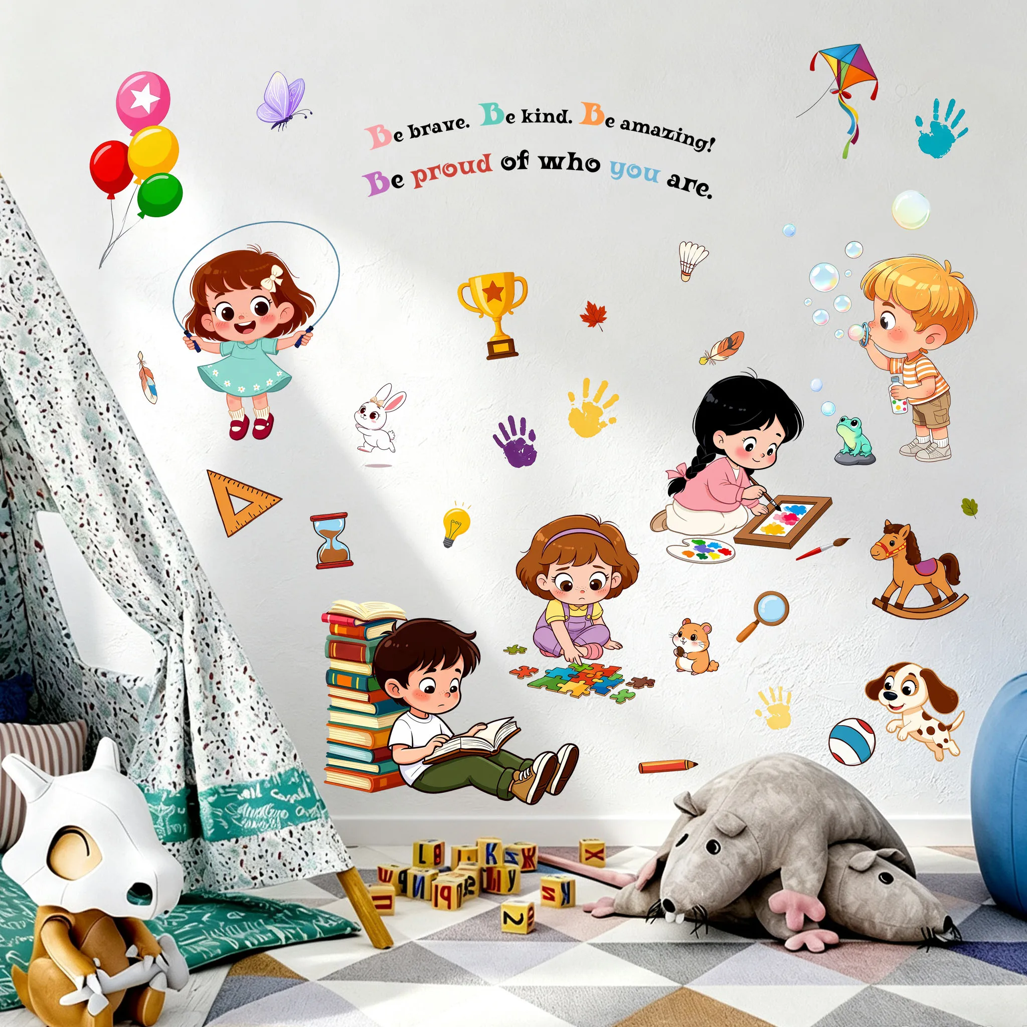 Kids Motivational Quote Wall Stickers Be Brave Be Kind Cartoon Children Reading Painting Puzzle Wall Decals Removable Nursery De