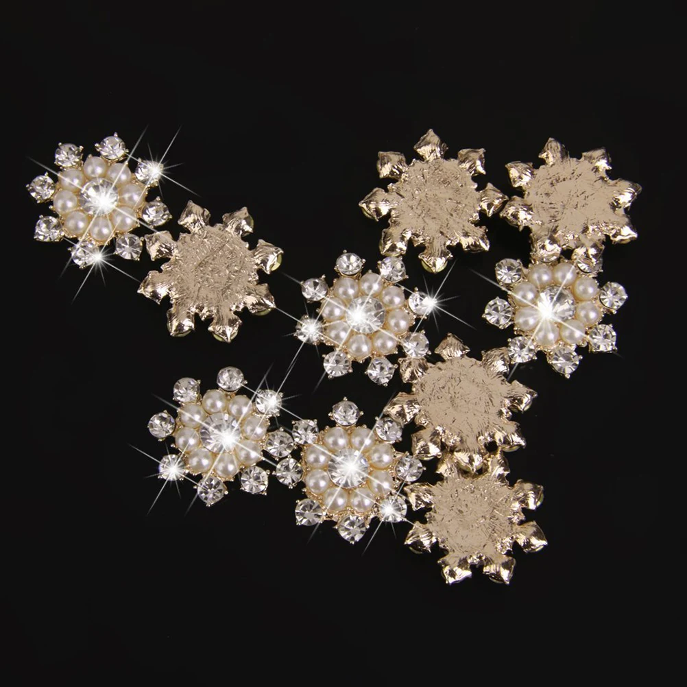

10Pcs Snowflake Crystal Pearl Buttons Flat Back Gold Faux Rhinestone Wedding Embellishments Crafts for Flower Decoration Garment