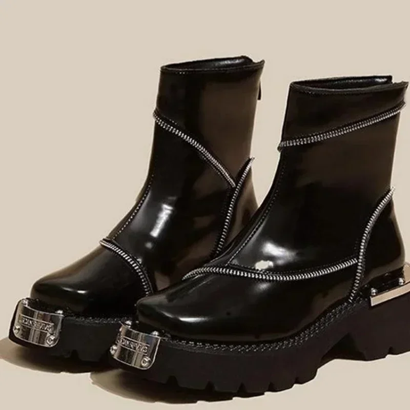 Bota de tornozelo com zíper para mulheres, dedo do pé redondo, monocromática, quente, cano curto, salto médio, impermeável, sapatos femininos, inverno, novo, 2022