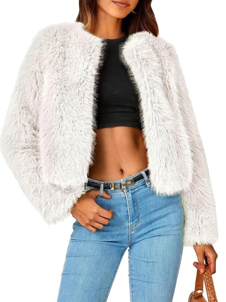 Autumn Winter New Style Women's Faux Fur Coat round Neck Top Cardigan plus Size Multicolor Fashionable Outerwear