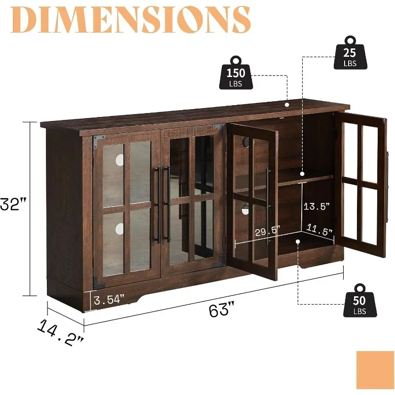 AMERLIFE Farmhouse Buffet Sideboard Cabinet with Glass Door, Large Storage Cabinet with Adjustable Shelf, Wooden Coffee Bar