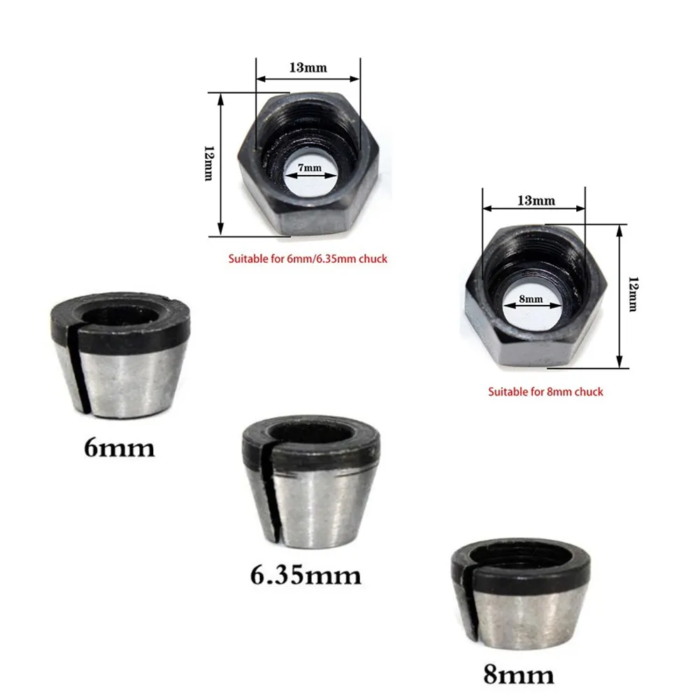 13mm×12mm×8mm/0.51in×0.47in×0.31in Collet Chuck Adapter With Nut Carbon Steel For 6mm/6.35mm Chuck For 8mm Chuck New Use New