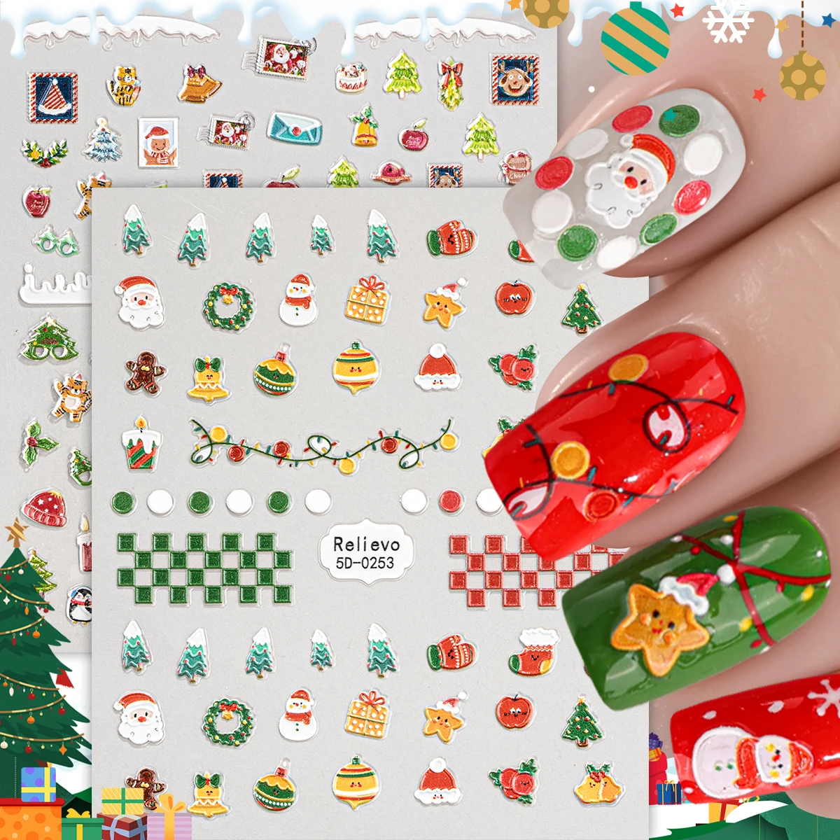 

2pcs Cartoon Christmas Nail Art Sticker 5D Cute Santa Claus Snowman Self-Adhesive Nail Decals for DIY Manicure Decoration