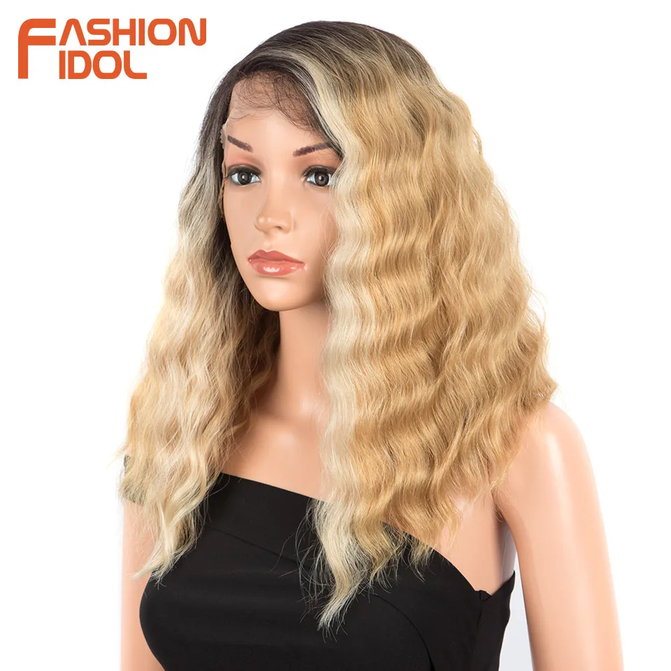 FASHION IDOL Side Part Lace Wig Synthetic Baby Hair Short Bob Curly Ombre Blonde Wigs For Black Women Cosplay Wig Heat Resistant