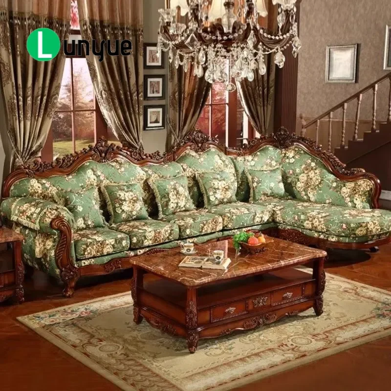 European Style L Shaped Corner Fabric Sofa Removable Washable Cover High End American Solid Wood Frame Living Room Furniture