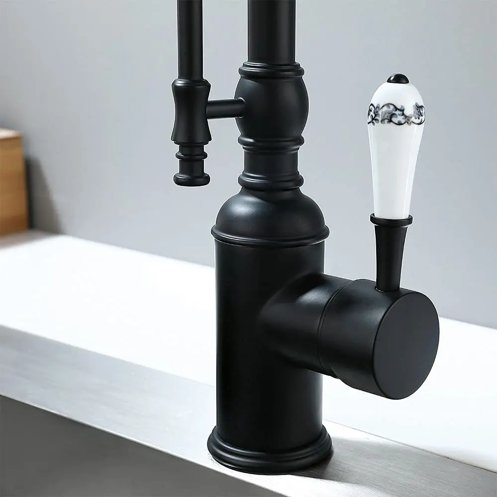 Solid Brass Pre Rinse Faucet Single Handle High Arc Swivel Dual-Mode Pull-Down Sprayer Kitchen Sink Faucet withPorcelain Handle