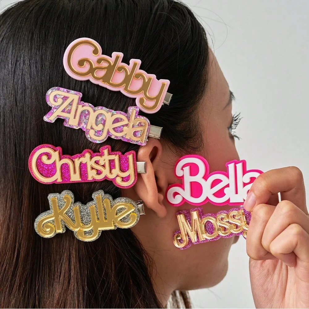 Fashion Acrylic Custom Name Sequin Decor Hair Clip Personalized Text Barrette Hairpins Women Girs Memory Headwear Jewelry Gift