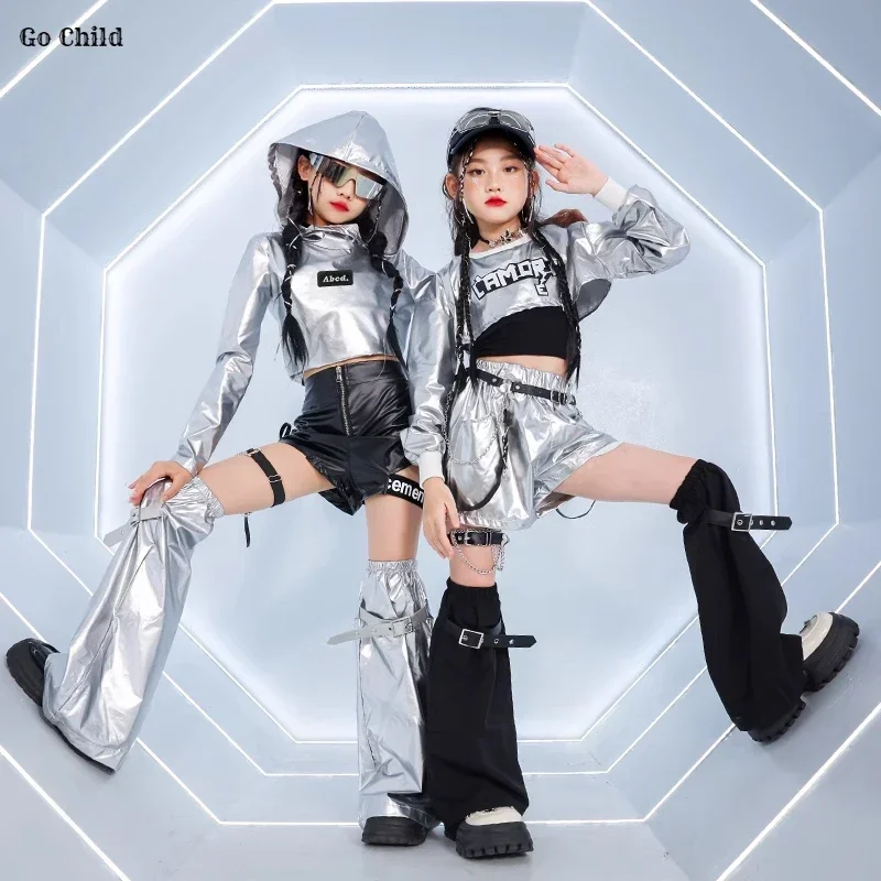 Girls K-pop Silver Crop Top Hoodies Shiny Street Dance Shorts Kids Hip Hop Streetwear Children Jazz Girl Group Cool Clothes Sets