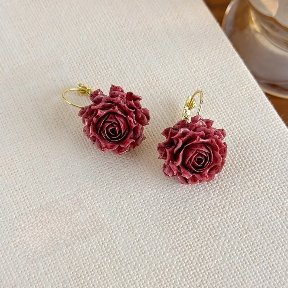 Sweet Artificial Rose Earrings Retro Resin Preserved Flower Earrings Delicate Craftsmanship Unique Romantic Ear Hooks Daily Wear