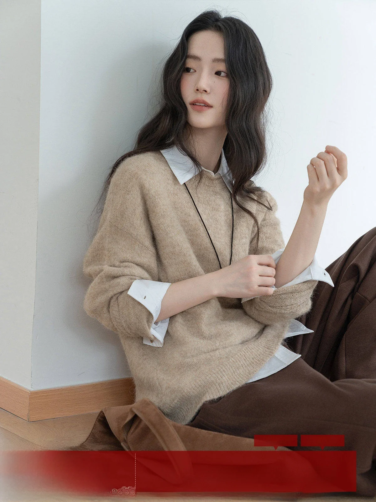 

MoZao Lazy Light Brown round Ne Long Sve Knitted Sweater Women's Loose Slimming Top Spring 2026 New Sle Comfortable Wa...