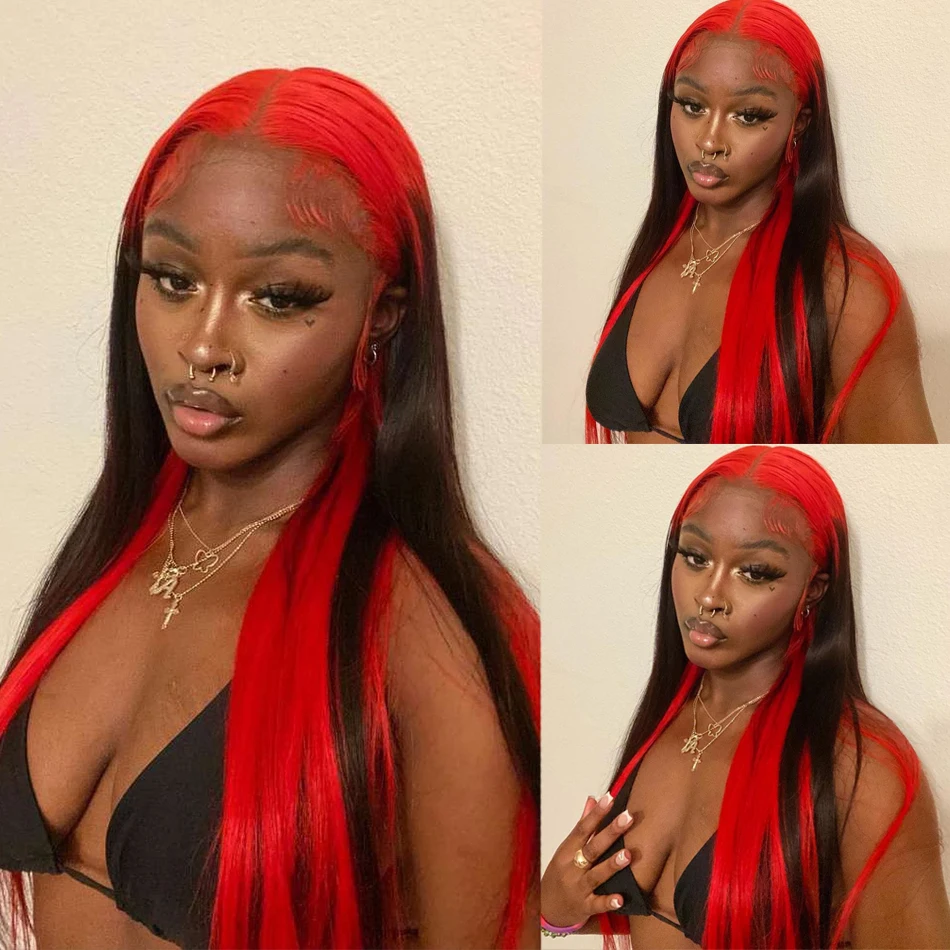 Ombre Red Colored 13X4 Lace Front Human Hair Wigs Straight Red Highlight Brazilian Remy Lace Frontal Wigs For Women Preplucked