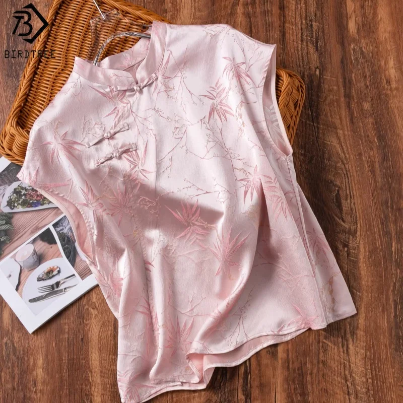 

Birdtree, 100% Real Silk Pink Tshirt, Stand Collar Short Sleeve Tops, Women Casual Sangbo Satin Shirt, 2026 Spring New T63905JF
