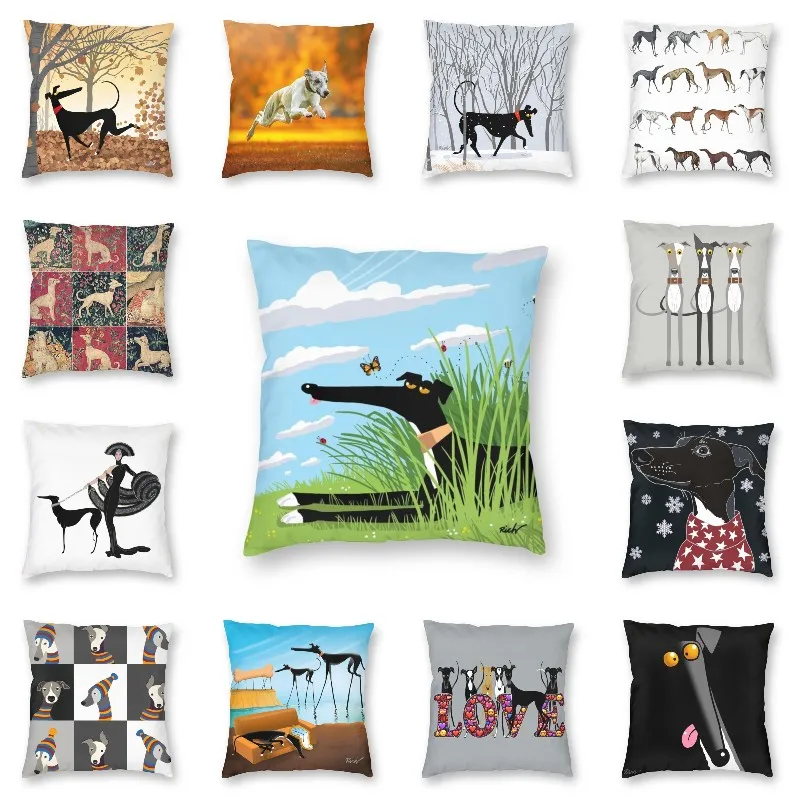 Vibrant Greyhound Whippet Dog Pillow Cover Home Decor Short Plush Pillow Case Cartoon Sighthound Pattern Cushion Cover for Sofa