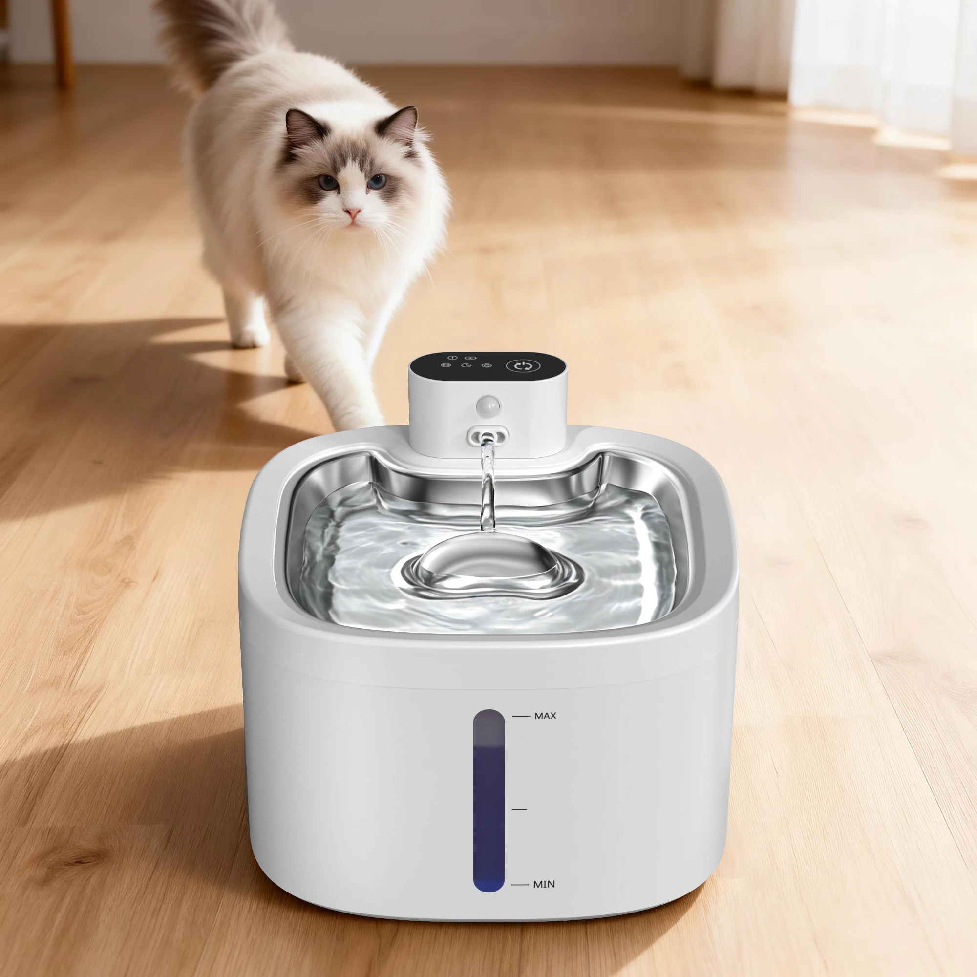 ワイヤレス猫用浄水器 スマートセンサー 304ステンレス鋼 自動循環ろ過 静音 猫用給水器 水位確認機能付き