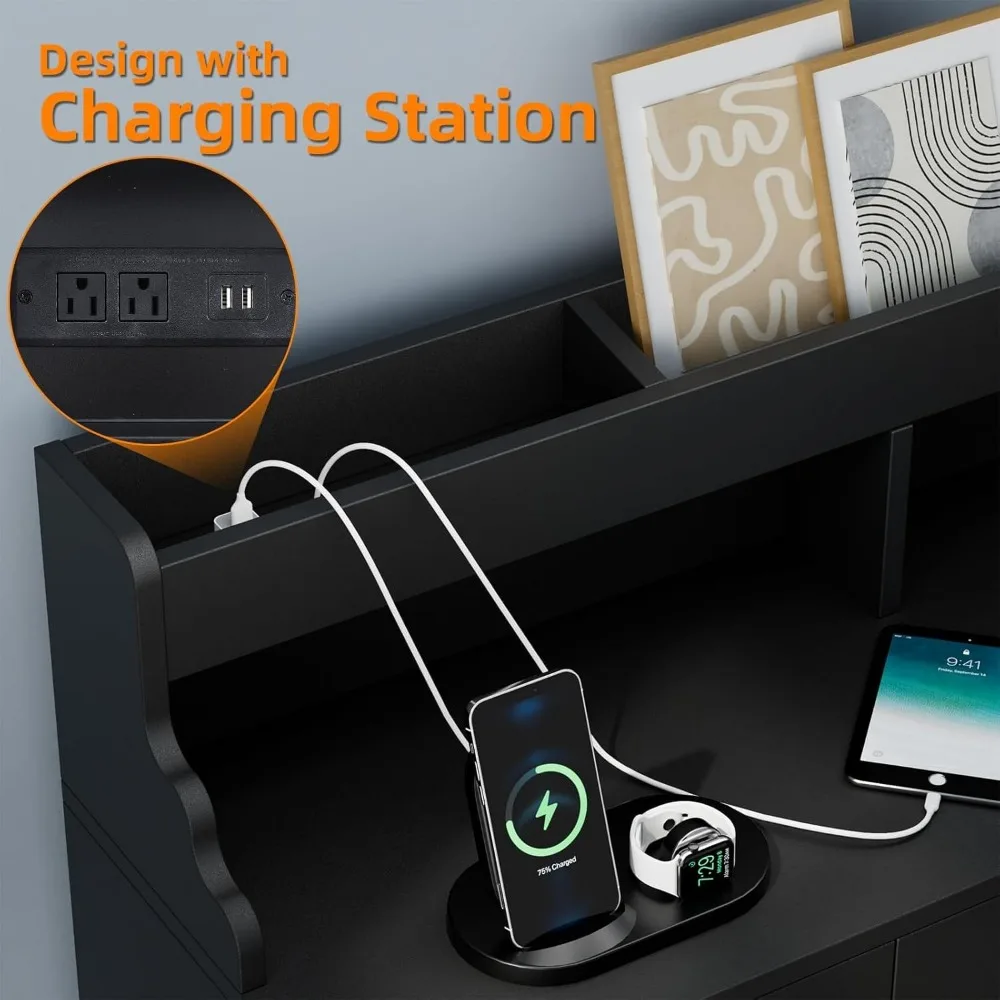 LED-beleuchtete Ladestation aus schwarzem Holz mit 9 Schubladen für Schlafzimmer und Sicherheit im Eingangsbereich