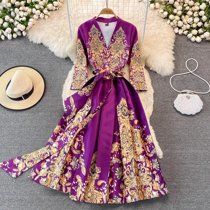 JAMERARY Elegant Luxury Flower Print Paisley Midi Autumn Dress Women's V Neck Laces Up Belt Midi Robe Party Vestidos