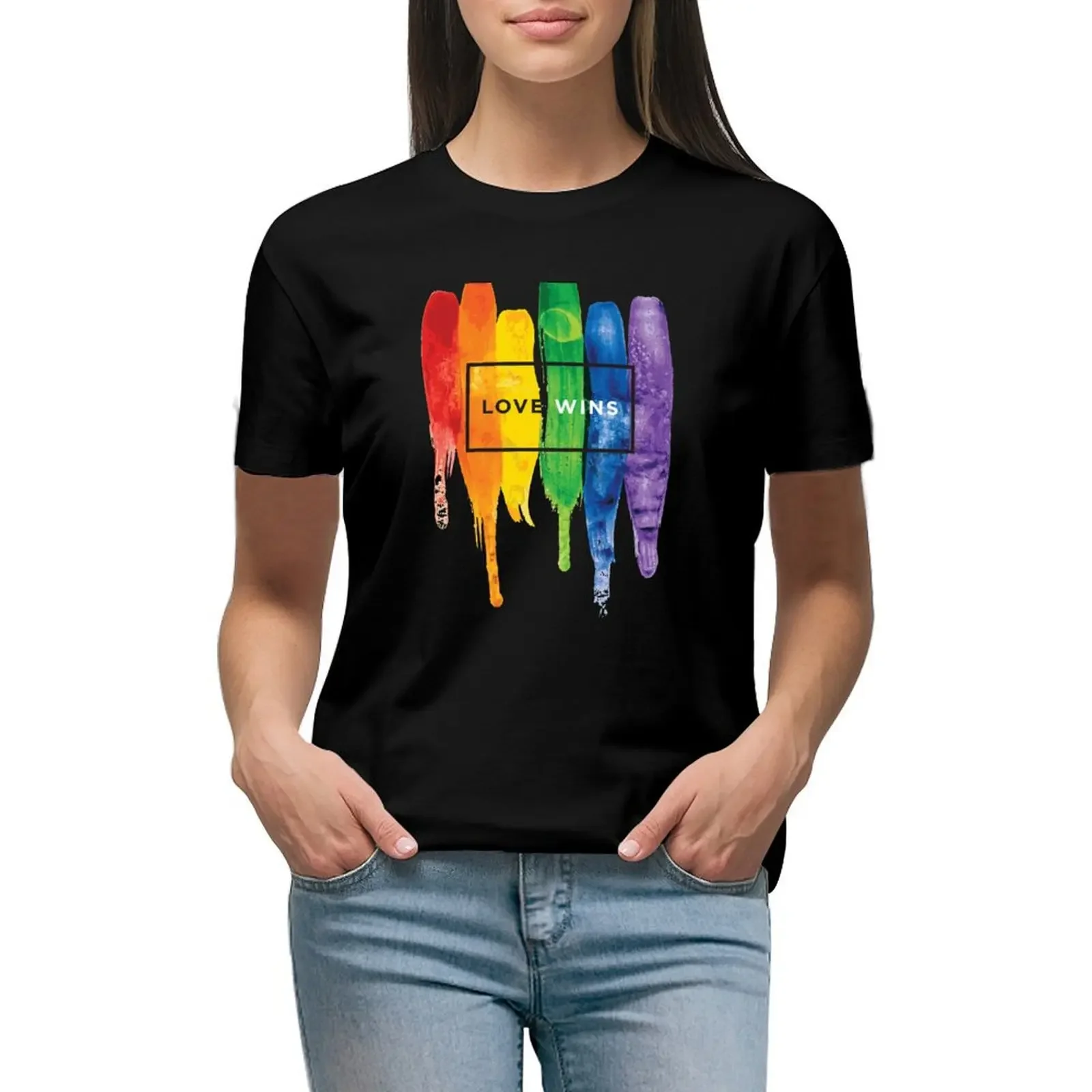 

Watercolor LGBT Love Wins Rainbow Paint Typographic T-Shirt lady clothes tees vintage clothes t shirt Women