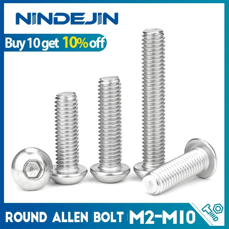 NINDEJIN M2 M2.5 M3 M4 M5 M6 M8 M10 Śruby z łbem sześciokątnym z gniazdem sześciokątnym Śruby imbusowe z łbem okrągłym ze stali nierdzewnej ISO7380