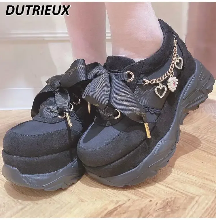 Japanese Style Trendy Lolita Sweet Rhinestone Love Chain Platform Shoes Mine Series Women Ribbon Bow Sneakers Girls Sports Shoes