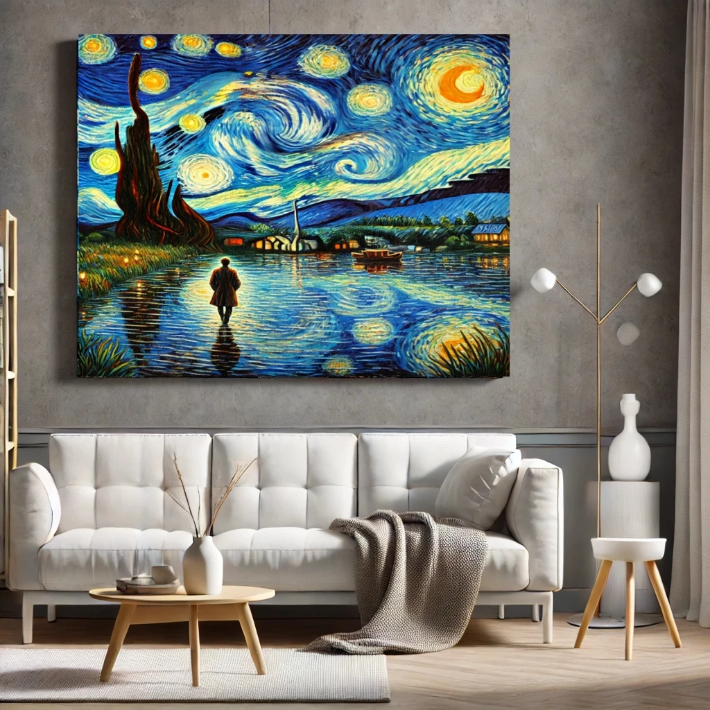 Starry Night Walking Landscape Oil Paintings on Canvas, Handpainted Wall Art Picture for Living Room,Home Decorative Artwork