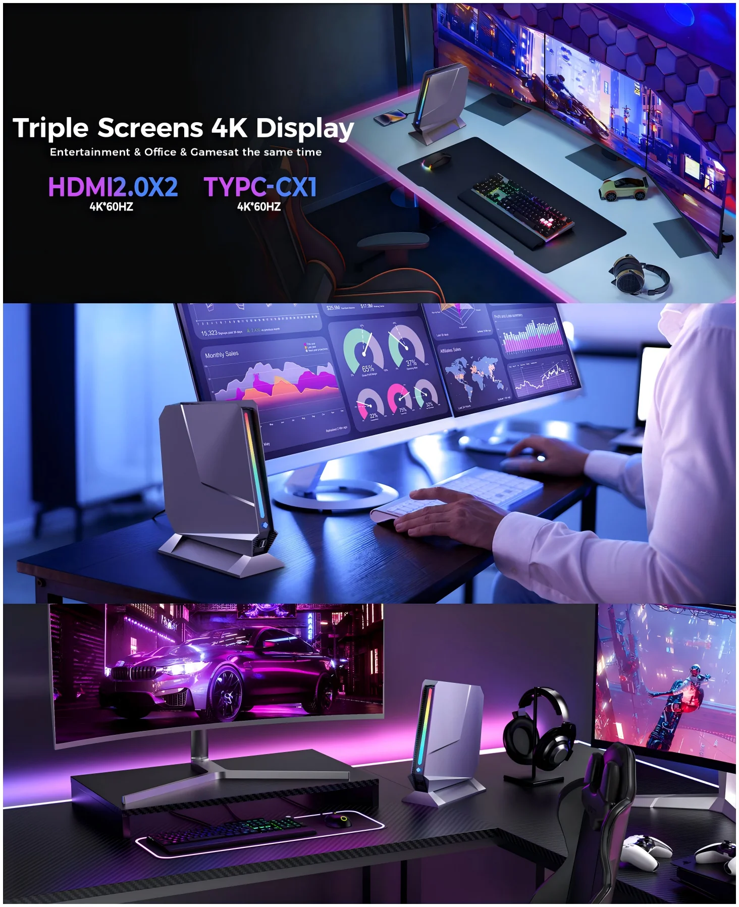 كمبيوتر صغير للألعاب من Office AI Core i9 13900HX NVIDIA Geforce RTX4070 8G 32GB DDR5 Triple 4K Windows11 Pro كمبيوتر صغير لسطح المكتب Wifi6 #6