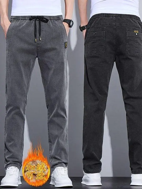 

Men's Slim Fit Straight Leg Casual Pants Fce Lined Thiened Autumn Winter Sle Elastic Waist Denim Look Long Trousers
