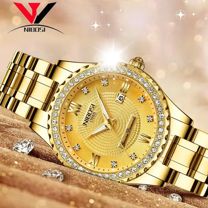 

NIBOSI 2025 Gypsophila, часы для пар со стальным ремешком для женщин и мужчин, часы в стиле хип-хоп, кварцевые часы с цирконом и календарем, подарок на день рождения