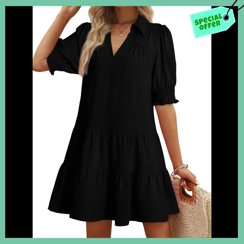 

Sturdy Casual Dresses For Women Lapel Collared V Neck Mid Sleeved Pleated Summer Dresses For Women 2025 Midi Dresses