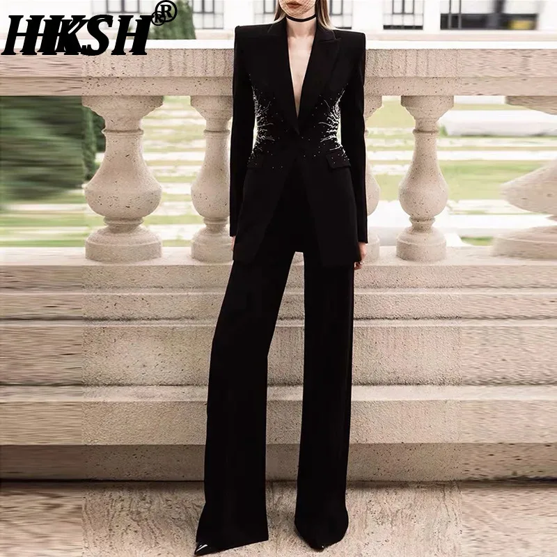 

HKSH Women Two-Piece Set Studded Diamonds Single Button Slim Fit Blazer Wide Leg Pants Office Lady Suit Ins Spring Autumn HK3232