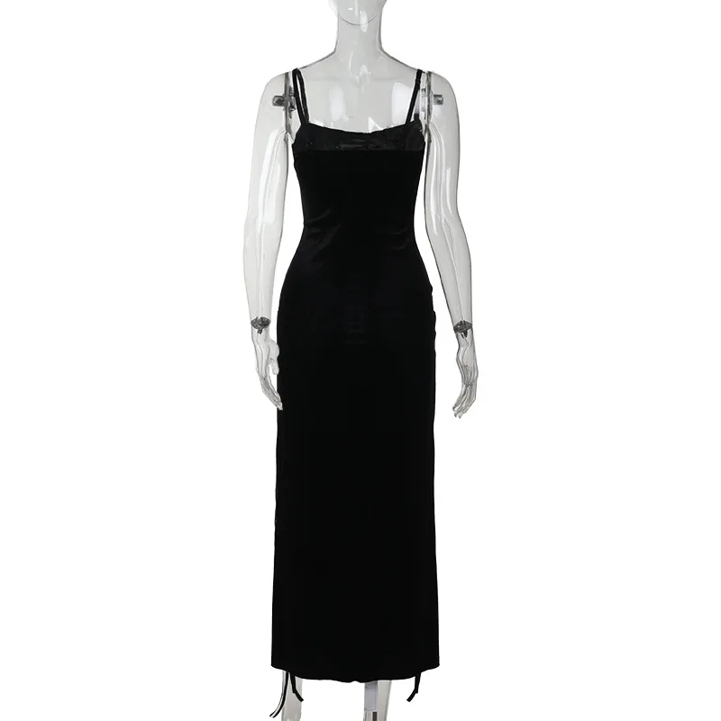Vestido gótico de terciopelo con abertura alta y tirantes, estilo grunge oscuro de los 90, para mujer, sexy, de vestir, ropa gótica de moda 6