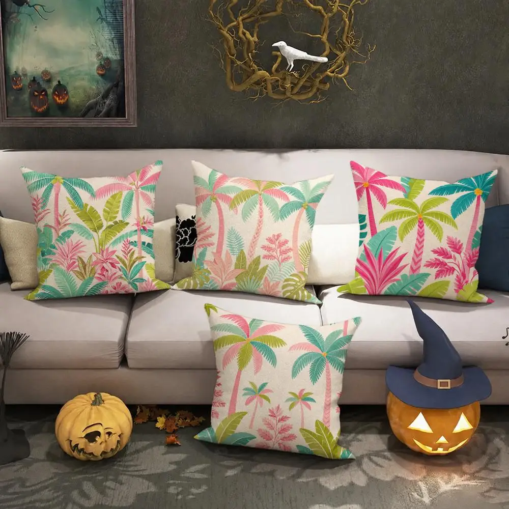 Pastel Tropical Palm Art Cushion Cover Halloween decoration trick or treat cushion cover, ghost, pumpkin head, bat decoration