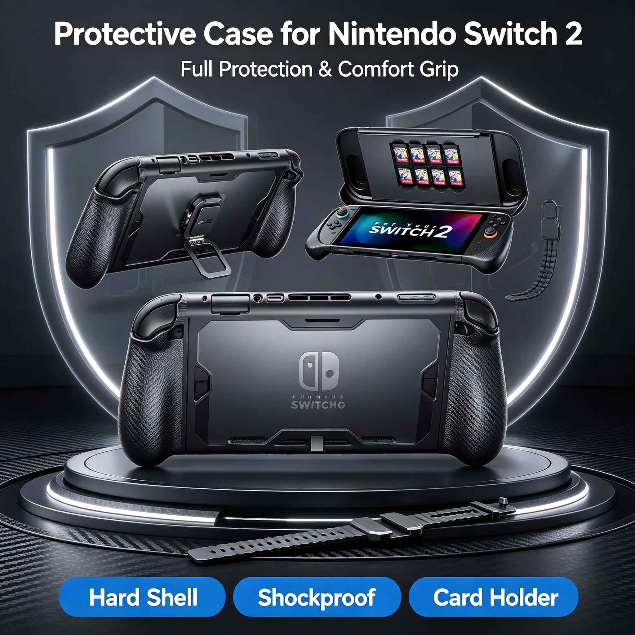 360° Full-Body Shockproof Case for Nintendo Switch 2, ModCase with Front Cover, Built-in Metal Kickstand & Silicone Wrist Strap