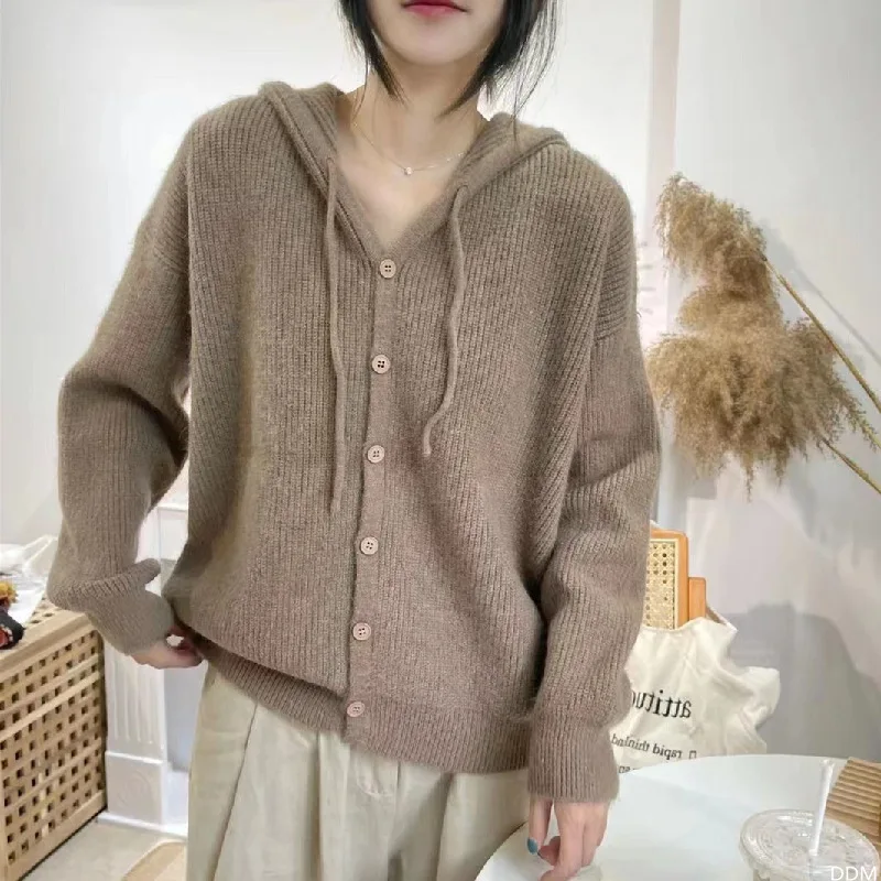 Women's Long Sleeve Hooded Knitted Cardigan Korean Fashion Knitwear Sweaters Casual Coat Solid Tops Autumn Winter Clothes 2023