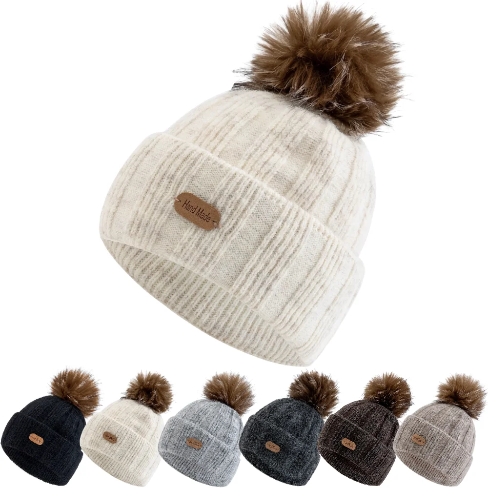 New Fashion Women Winter Knit Hat Faux Fur Pompom Hat Warm Thick Ribbed Knit Cap Ladies Beanie Hat