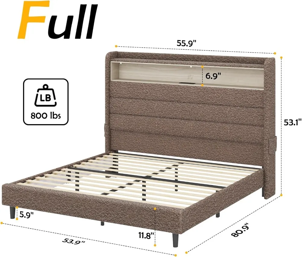 Full Bed Frame with Tall Headboard and LED Lights Charging Station Upholstered Platform Bed Wingback, No Box Spring