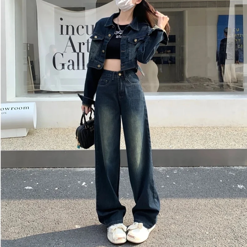 Women Fashion Denim Matching Sets Japan Korean Vintage Short Jackets Wide Leg Pants 2 Piece Suit Spring Summer Coat Jeans Outfit