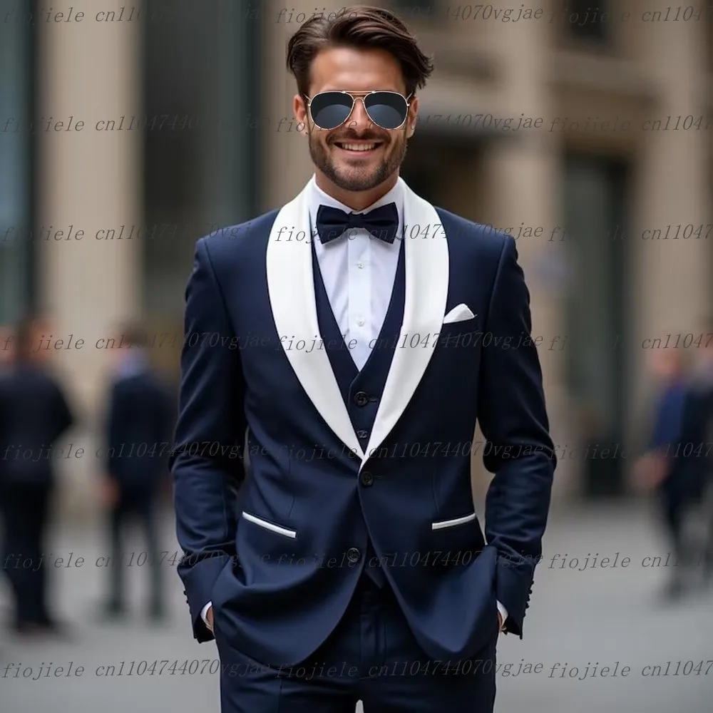

New White Collar Navy Blue Men Suit Formal Wedding Party Groom Business Male Tuxedos Customized 3 Piece Set Jacket Vest Pants