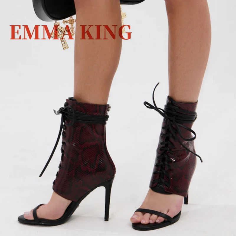 

Burgundy Snake Open Toe Bootie Pointed Toe Lace-Up High Heel Pumps Women Multi Color Gladiator Sandals Nightclub Women's Shoes