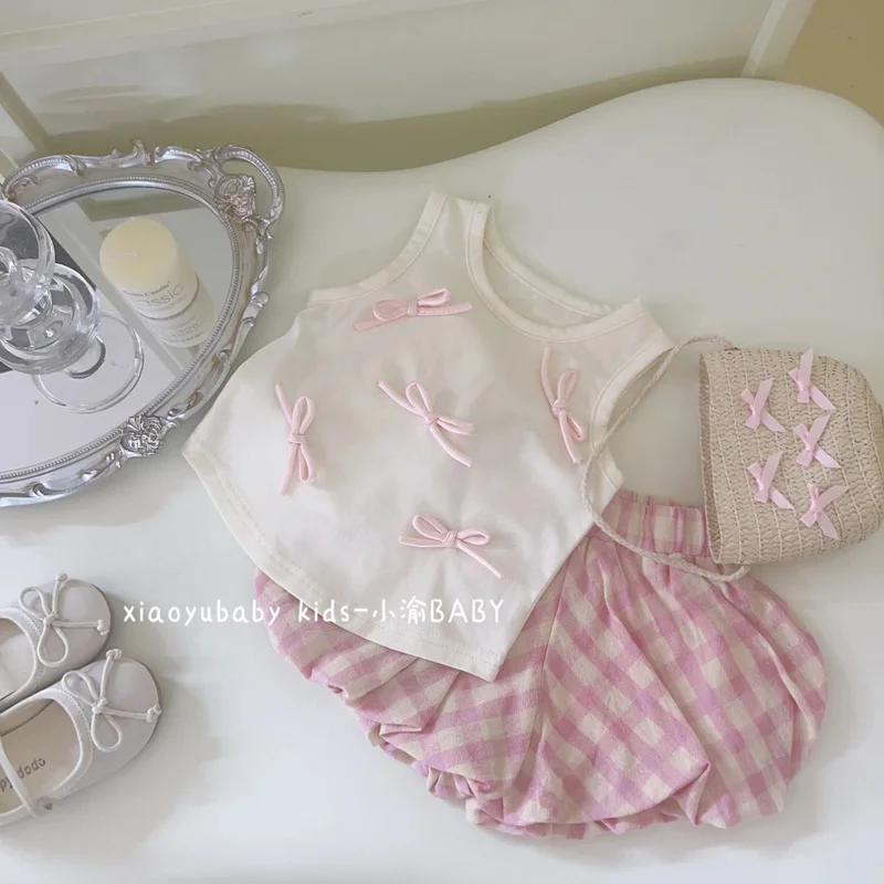 

Children's Outfit New Summer Girl Baby Cute Sweet Bowknot Vest Pink Plaid Bloomers Two-Piece Set