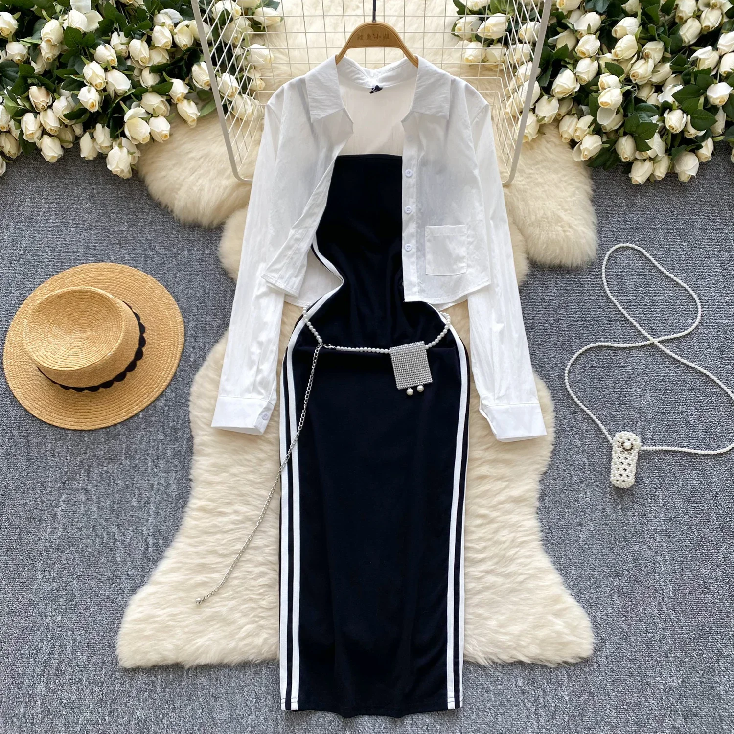 Women Two-Piece Sets Vintage Long Sleeve Shirt and Bead Chain Sashes Straps Dress Korean Streetwear High Street Autumn Clothing