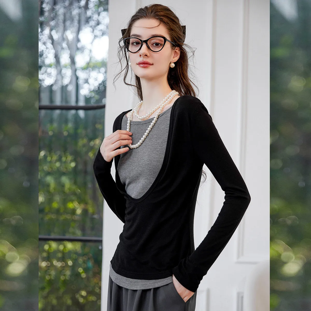 LOUISYAO Nep tweedelig tweekleurig dames-T-shirt 2025, lente/herfst T-shirts, ronde hals, lange mouwen, tops, licht rekbaar T-shirt