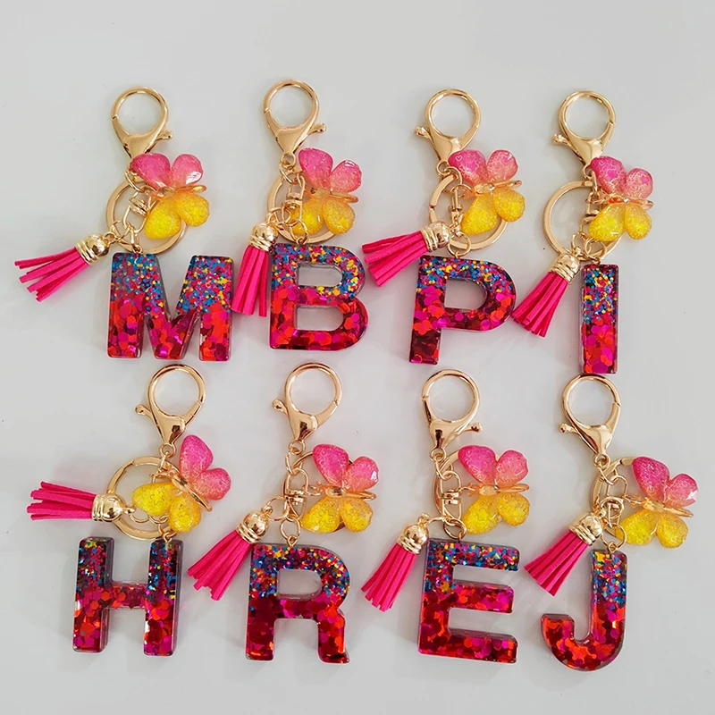 A-Z Shiny Sequin Letter Keychain Butterfly Tassel Resin Initials Keyring Fashion Backpack Pendant Simple Letters Key Holder