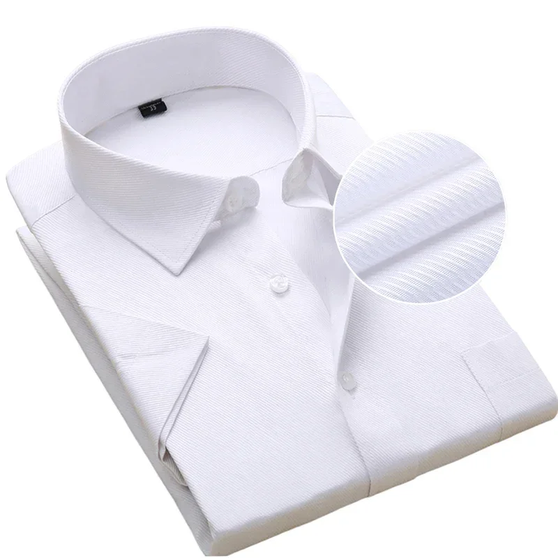 

Plus Size Men Dress Shirts Short Sleeve Slim Fit Solid Striped Business Formal White Man Shirt Male Social Casual Clothing