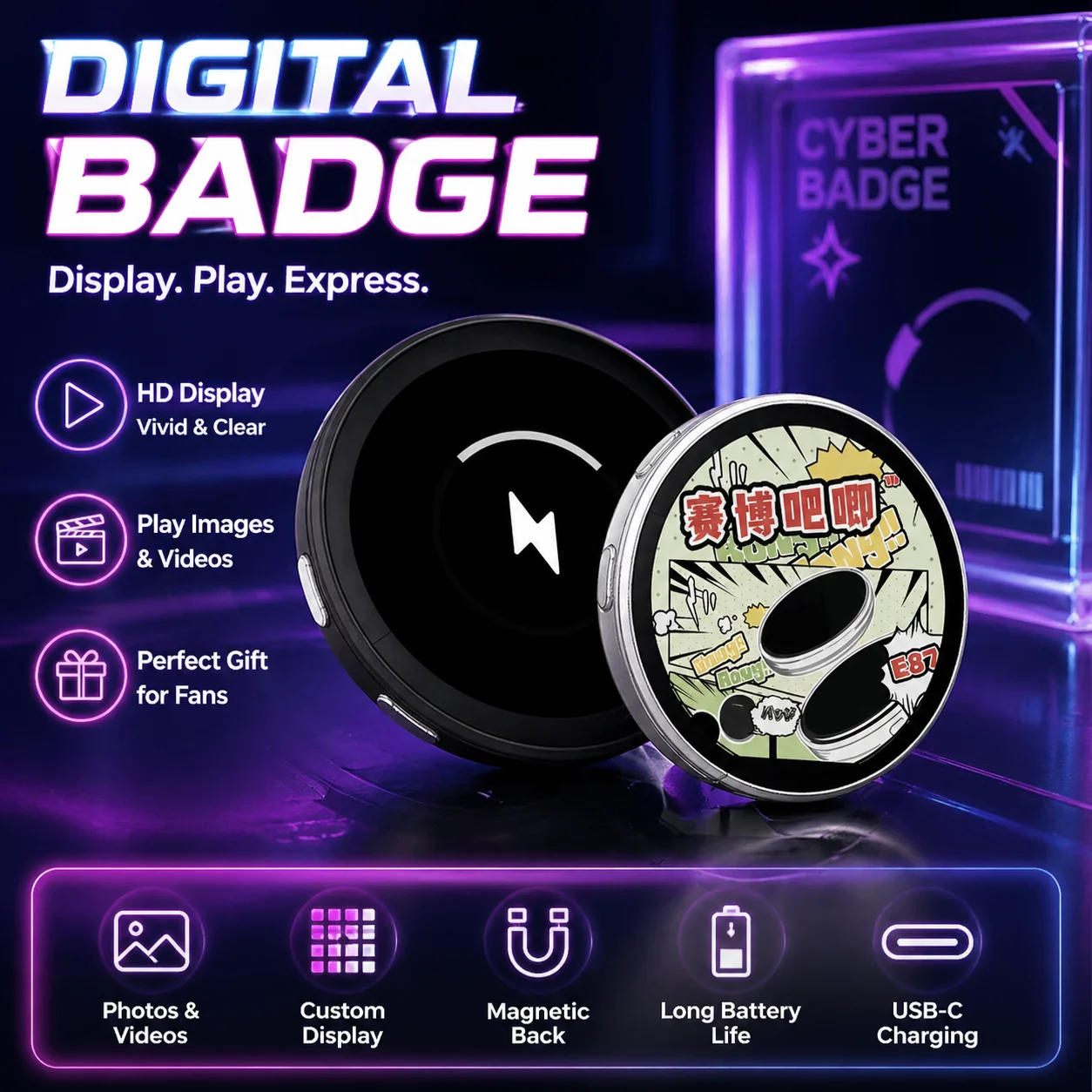 Anime E-Badge Display Pin 1.7 Inch Touch Screen LED Button Touchscreen Photo Frame With Video Playback Dropshipping