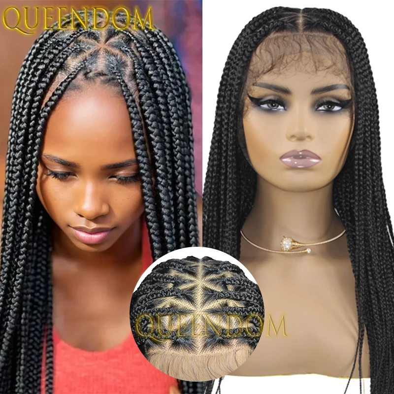 Full Lace Synthetic Box Braids Wig Knotless 26 Inch Triangle Shape Braided Goddess Wig Durable Handmade Cornrow Plaits Braid Wig