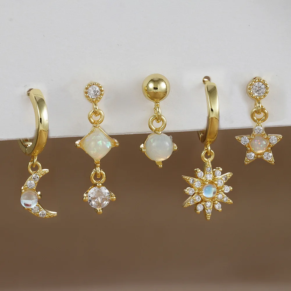 5PCS Vintage Star Moon Zircons Opals Dangle Huggie Hoop Earrings Set for Women Tiny CZ Stackable Piercing Cartilage Ear Studs
